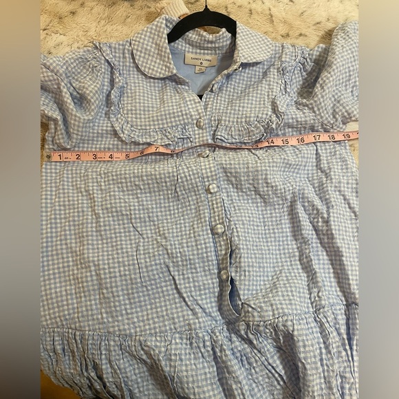 Sandy Liang Blue and white seersucker Gingham Button-Down 3/4 sleeve Dress XS - Picture 9 of 11